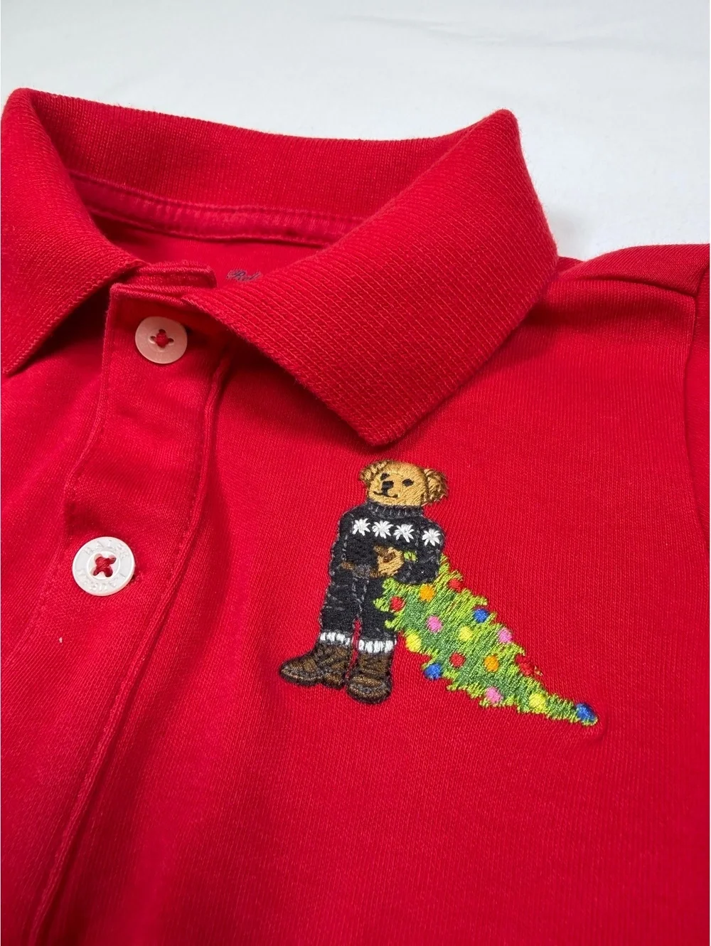 Ralph Lauren Baby Red Footed One-Piece with Bear and Christmas Tree Embroidery
